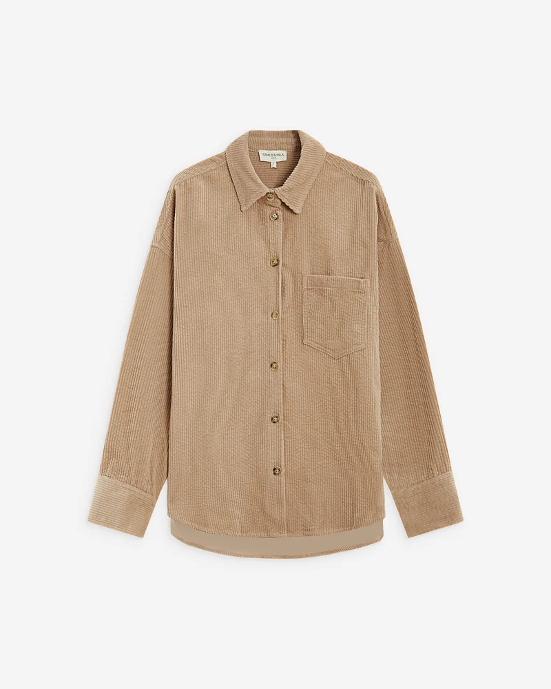 Chemise oversize en velours côtelé beige Ange