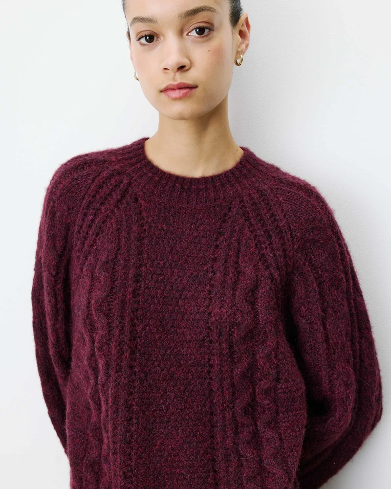 Pull torsadé ample col rond aubergine Amparo