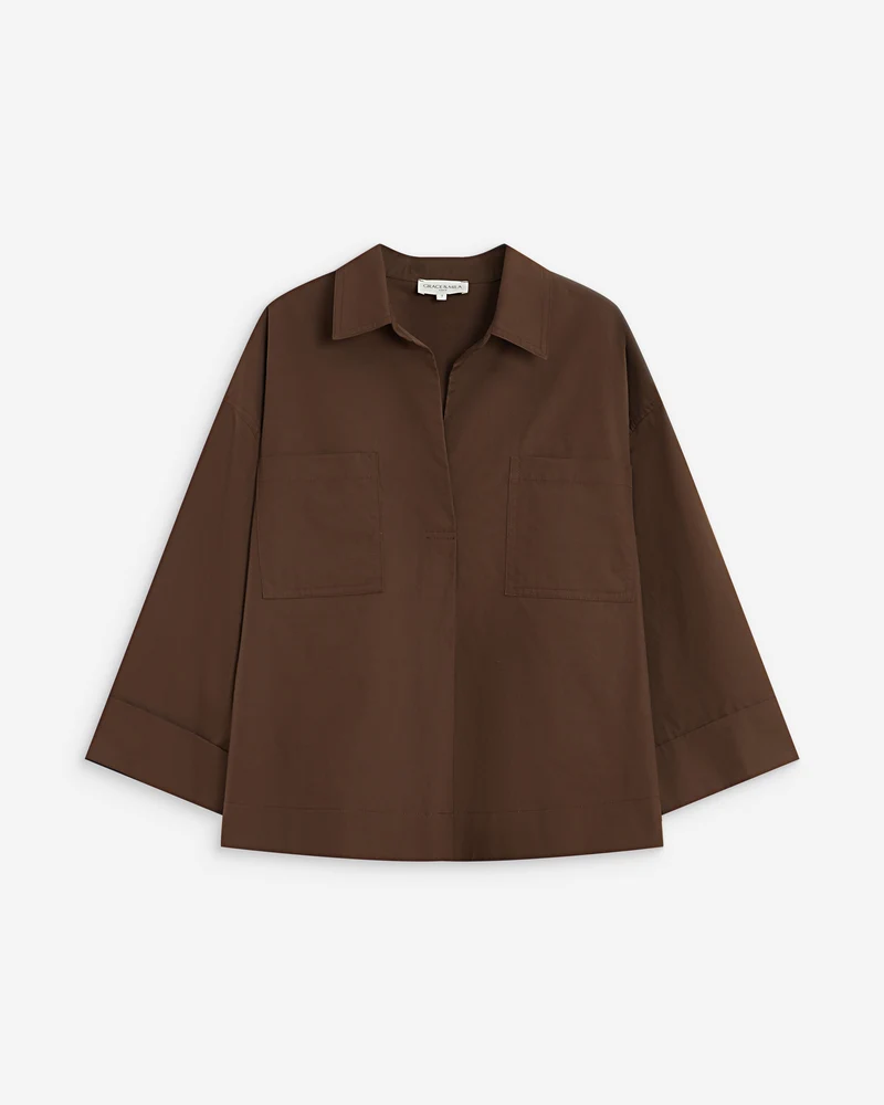 Blouse oversize manches larges en coton chocolat Ambre