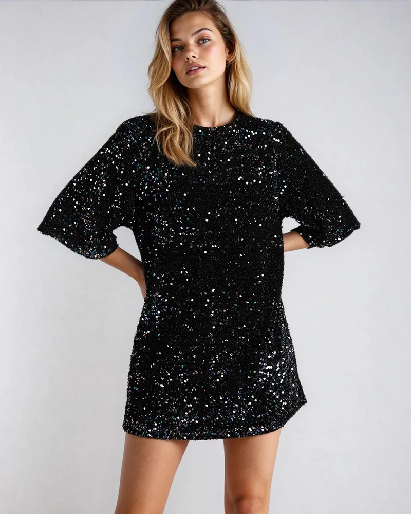 Robe Noire À Sequins - Ezia