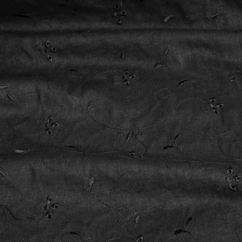 Tissu 100 % lin | Broderie florale ton sur ton | Noir