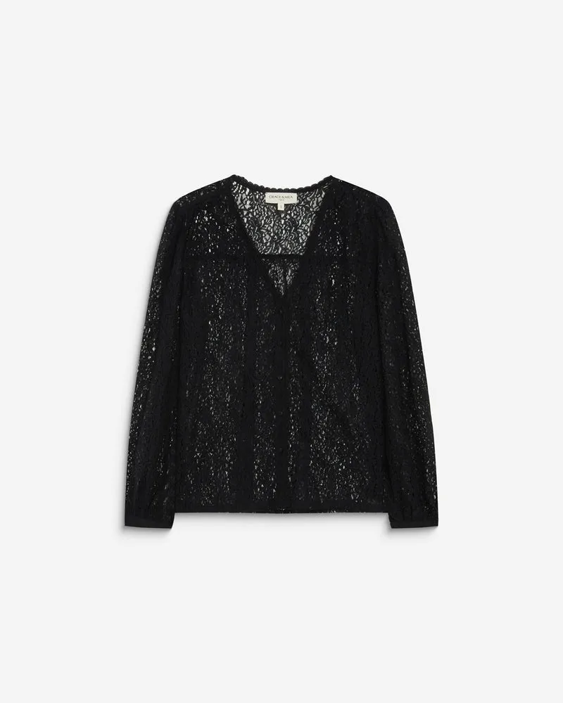 Blouse en dentelle col V manches longues noir Aurora