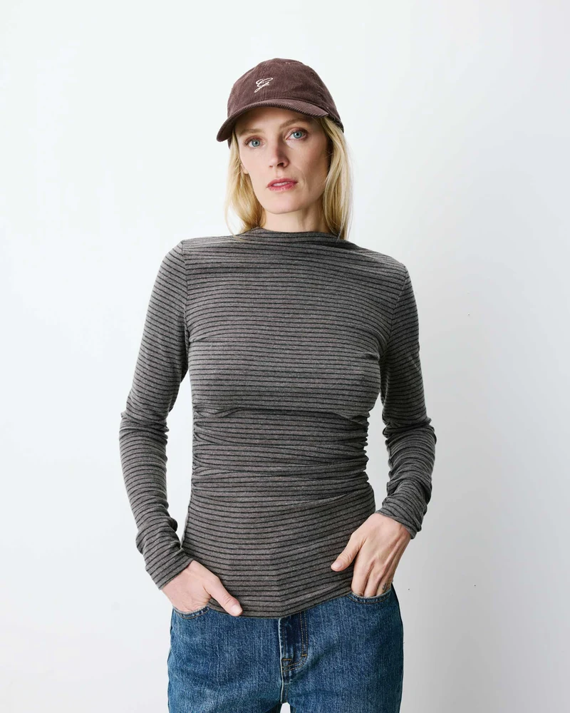 Top rayé taille froncée manches longues anthracite Aralee