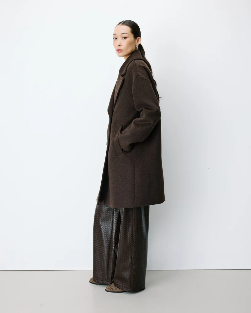 Manteau long croisé en laine mélangée chocolat Alois