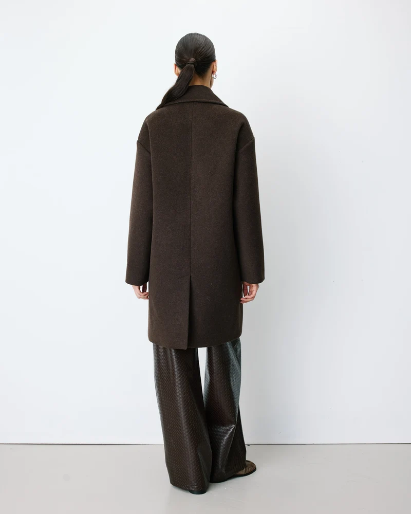 Manteau long croisé en laine mélangée chocolat Alois