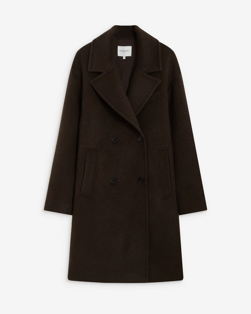 Manteau long croisé en laine mélangée chocolat Alois