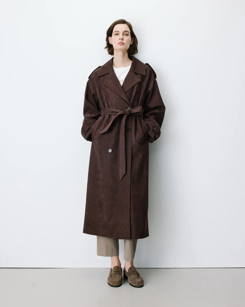 Trench long en suédine ceinturé chocolat Astrid