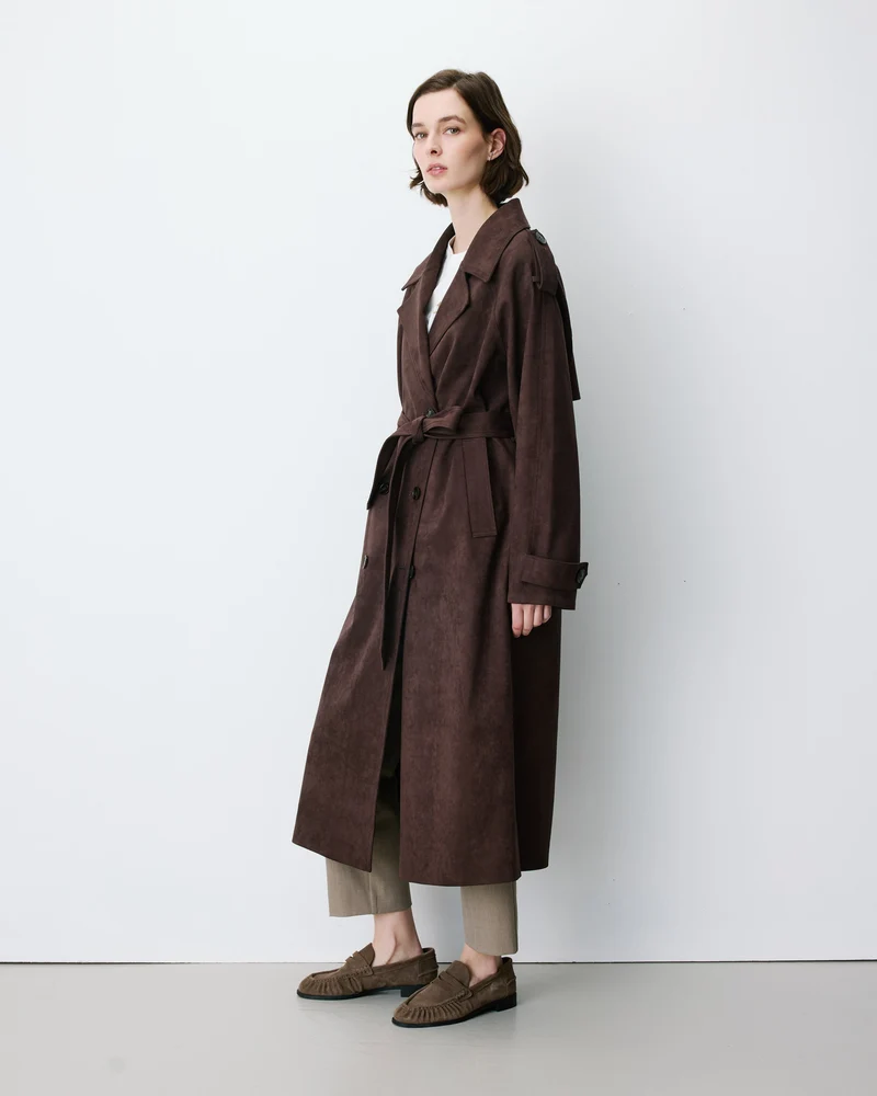 Trench long en suédine ceinturé chocolat Astrid