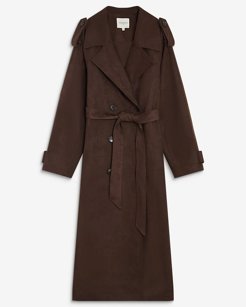 Trench long en suédine ceinturé chocolat Astrid