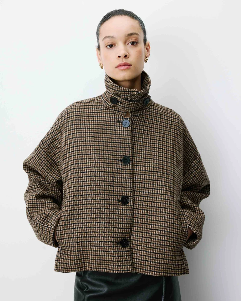 Manteau court pied-de-poule col structuré coffee Arthur