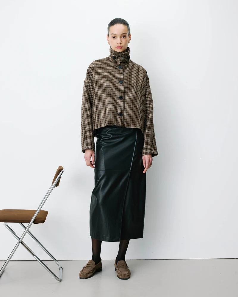 Manteau court pied-de-poule col structuré coffee Arthur