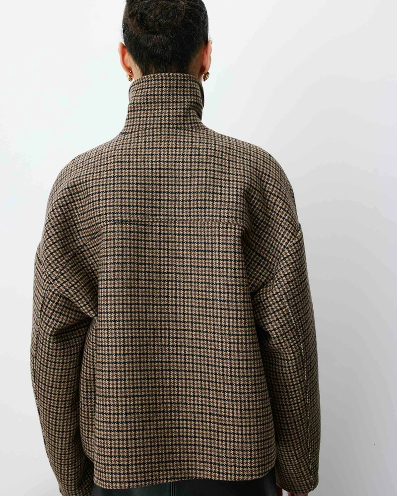 Manteau court pied-de-poule col structuré coffee Arthur