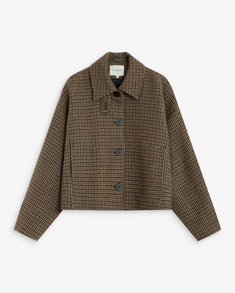 Manteau court pied-de-poule col structuré coffee Arthur