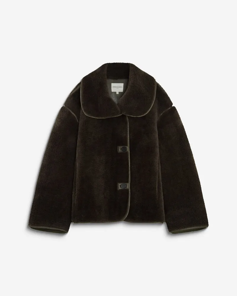 Manteau en fausse fourrure oversize boutonné kaki Amelio