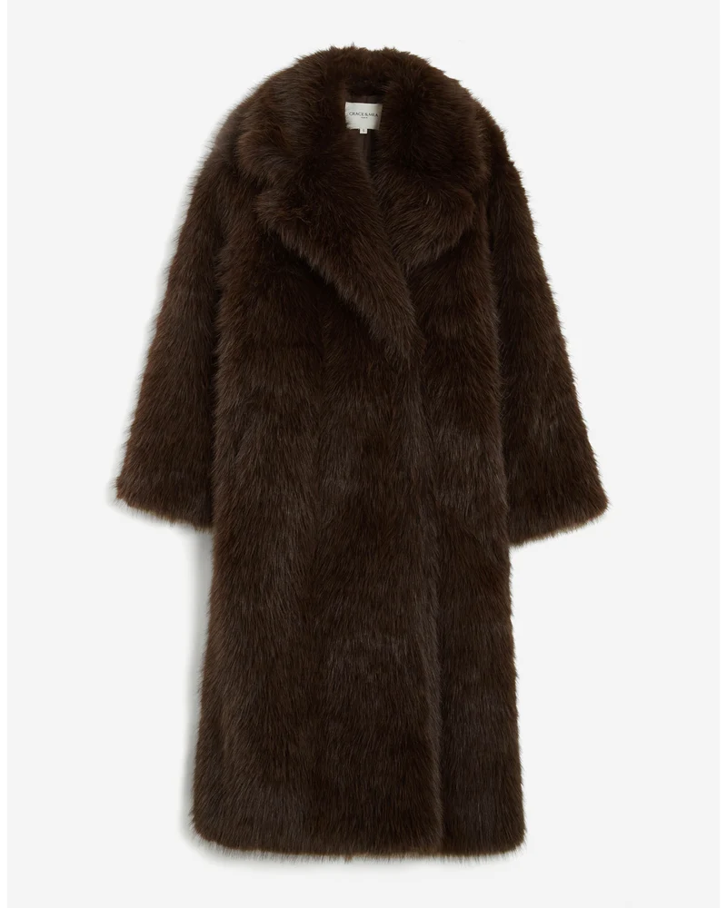 Manteau long oversize en fausse fourrure chocolat Alara