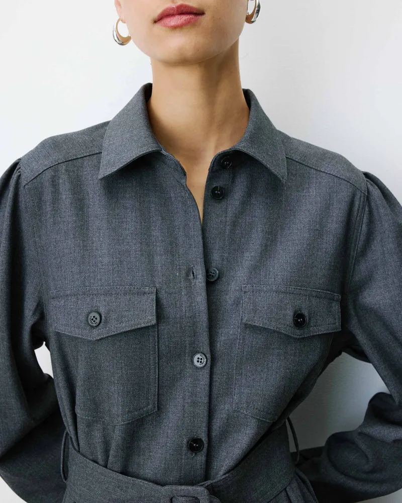 Robe chemise longue cintrée à la taille anthracite Arella