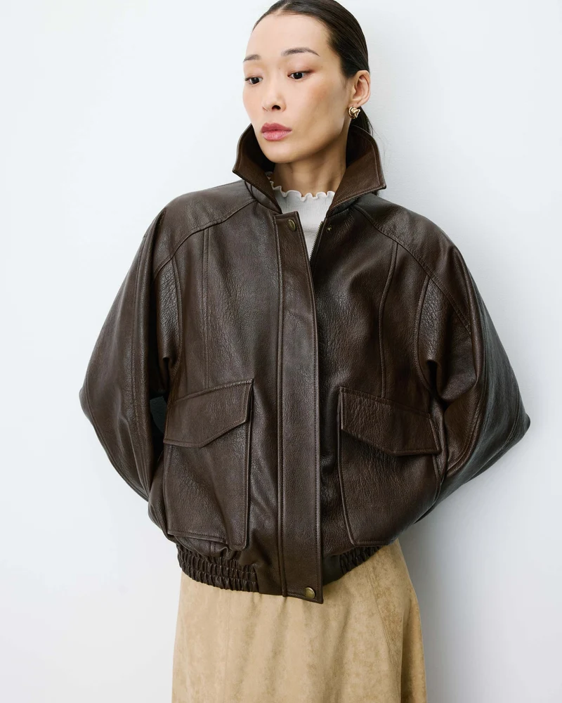 Blouson oversize similicuir à poches chocolat Axel