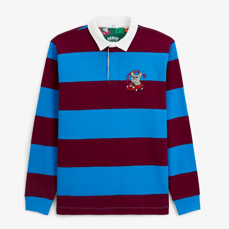 Polo rugby manches longues rayé coton rouge brodé Funky Animals