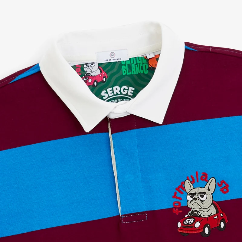 Polo rugby manches longues rayé coton rouge brodé Funky Animals