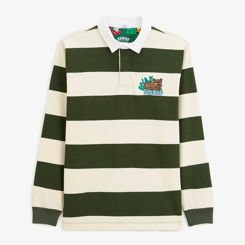 Polo rugby manches longues rayé coton vert thym brodé Funky Animals