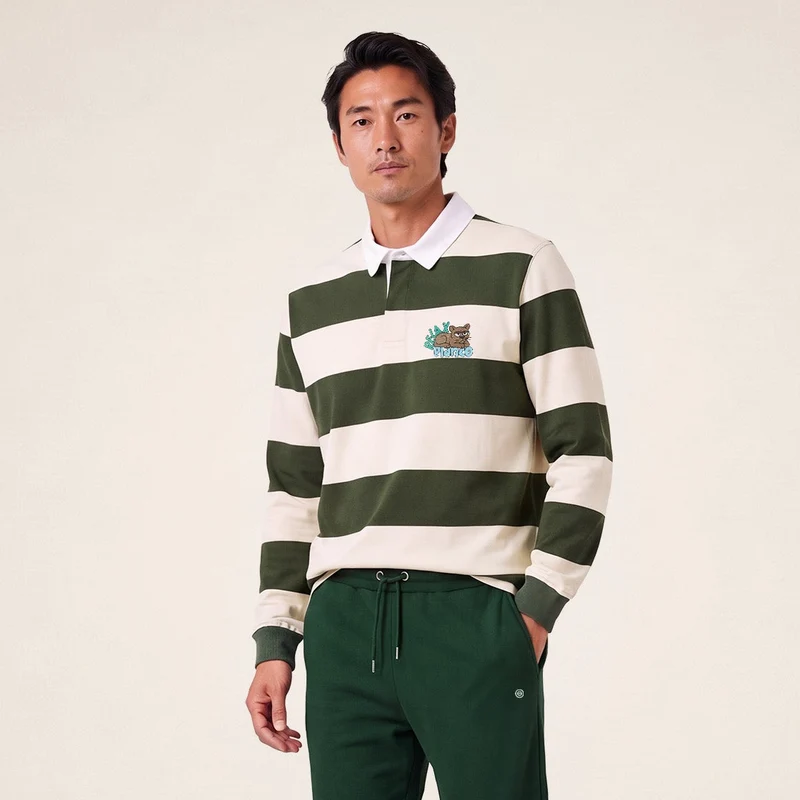 Polo rugby manches longues rayé coton vert thym brodé Funky Animals