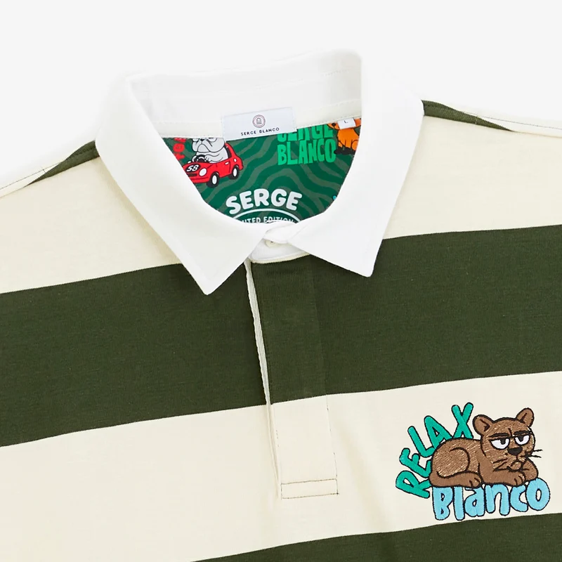 Polo rugby manches longues rayé coton vert thym brodé Funky Animals