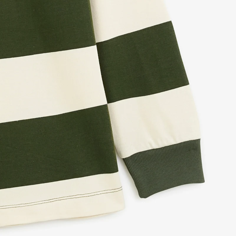 Polo rugby manches longues rayé coton vert thym brodé Funky Animals