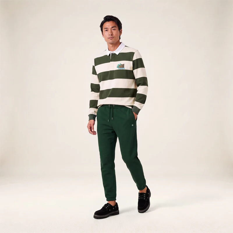 Polo rugby manches longues rayé coton vert thym brodé Funky Animals