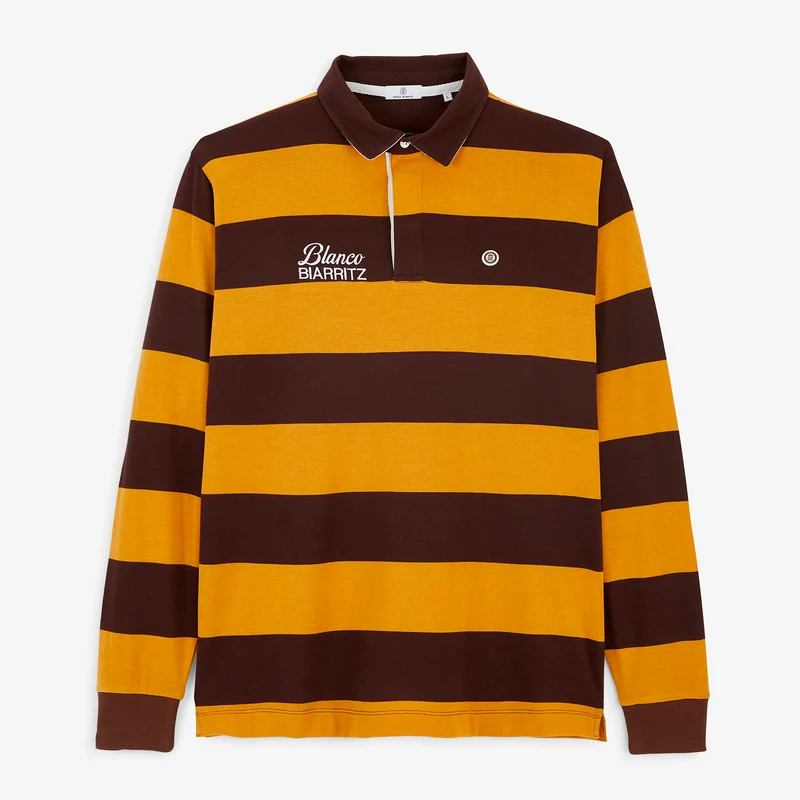 Polo rugby manches longues rayé coton marron BLANCO BIARRITZ