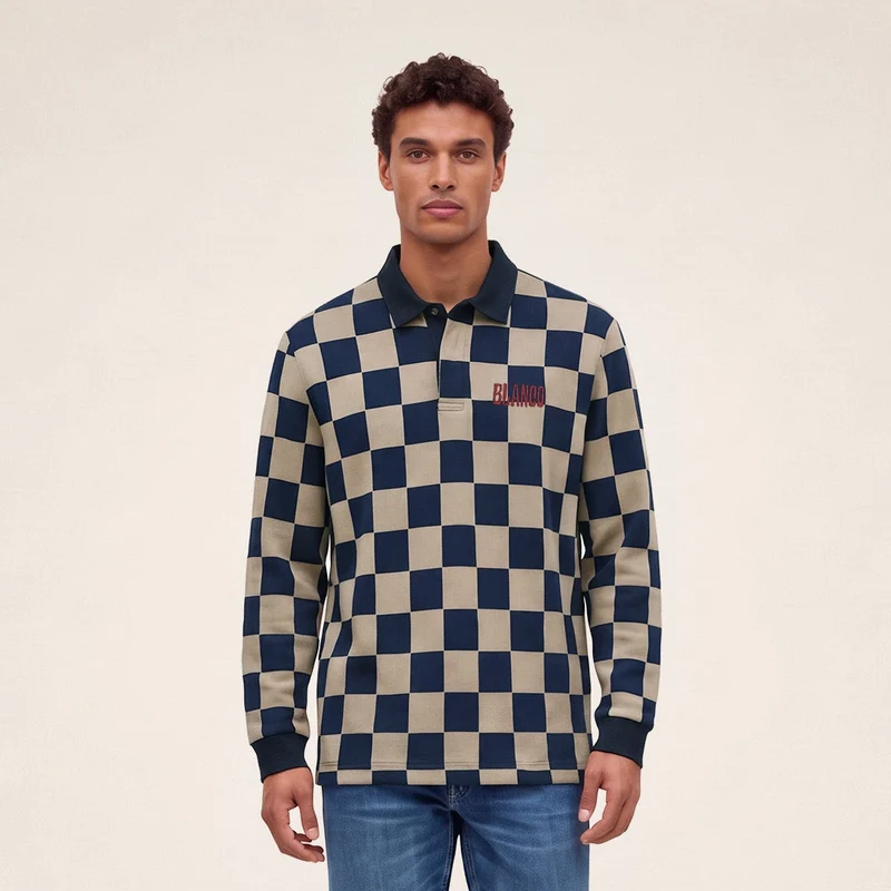 Polo rugby manches longues damier 100% coton jacquard beige broderie BLANCO