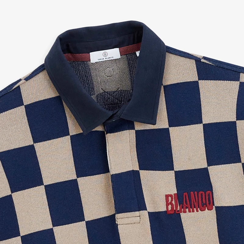 Polo rugby manches longues damier 100% coton jacquard beige broderie BLANCO