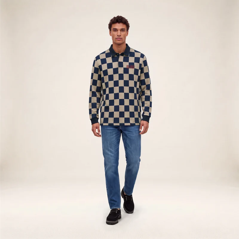 Polo rugby manches longues damier 100% coton jacquard beige broderie BLANCO