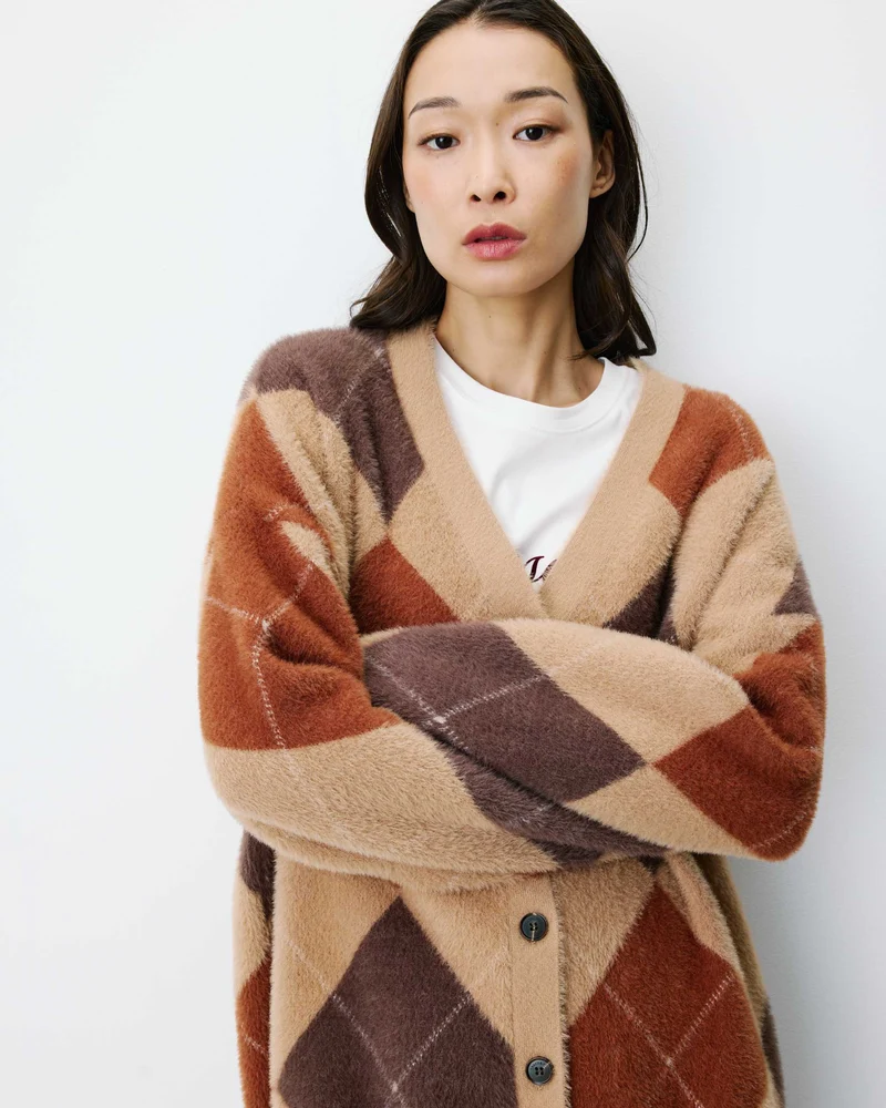 Cardigan doux à losanges col V beige Alexan
