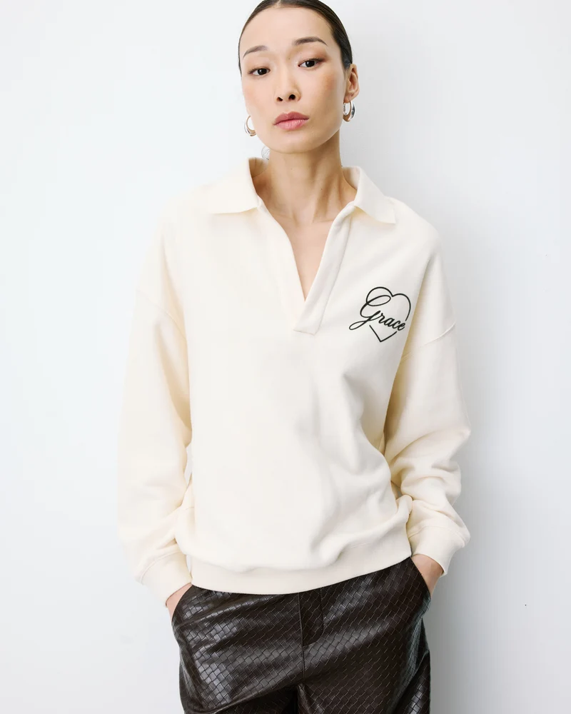 Sweat oversize col polo ouvert ecru Archibald