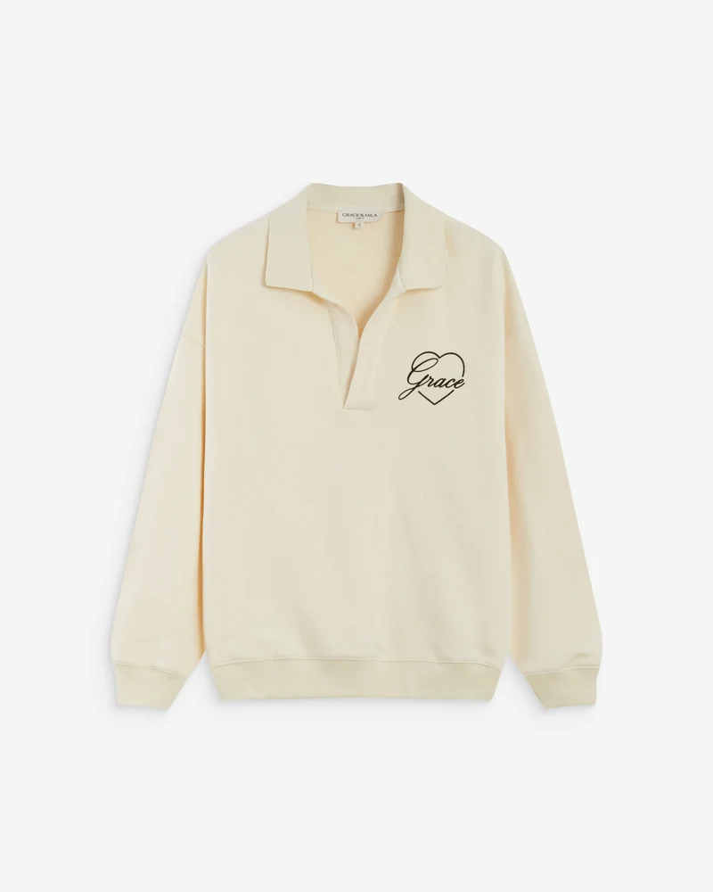 Sweat oversize col polo ouvert ecru Archibald