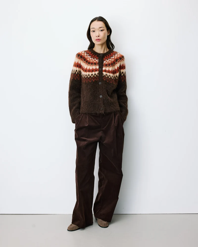 Cardigan en maille jacquard boutonné chocolat Alekio