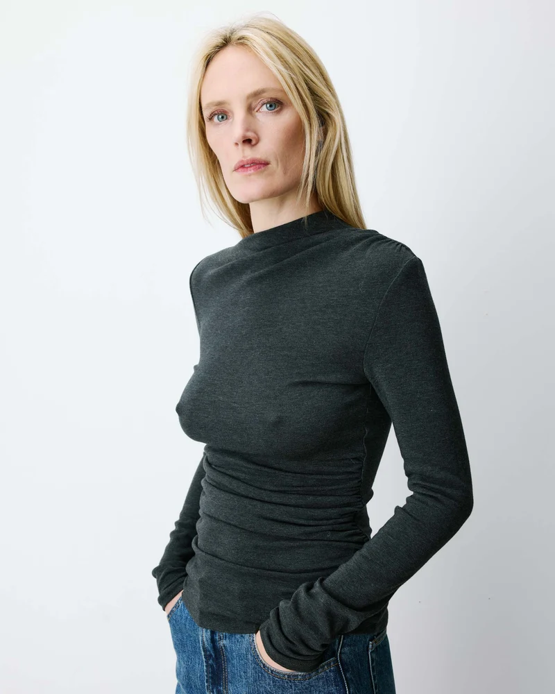 Top drapé asymétrique manches longues anthracite Aurygny