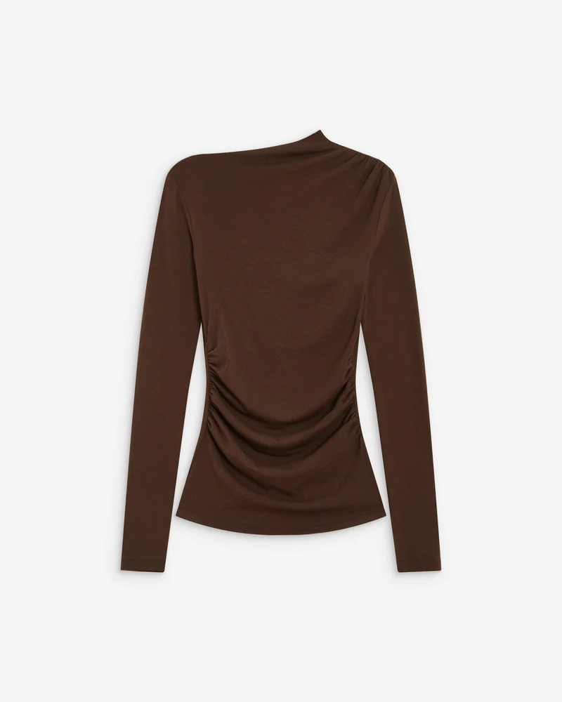 Top drapé asymétrique manches longues chocolat Aurygny