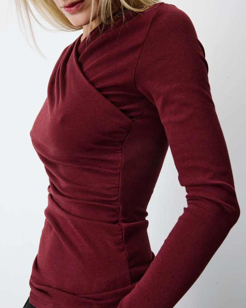 Top froncé col V croisé manches longues cherry Azul