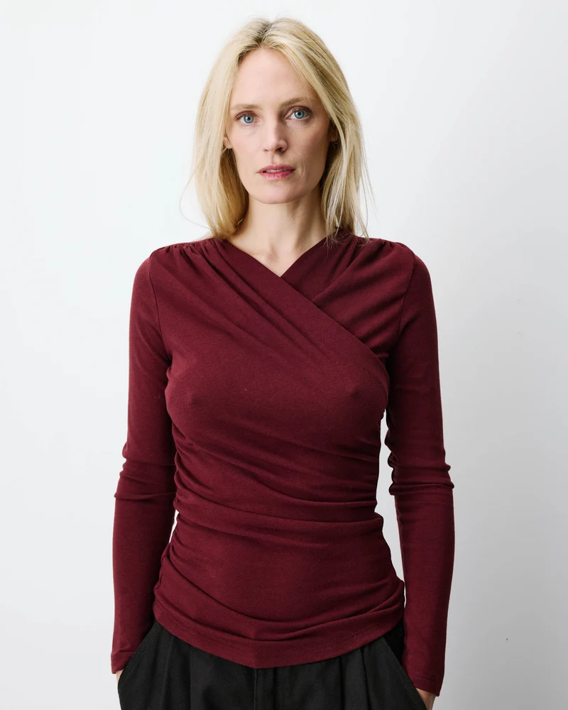 Top froncé col V croisé manches longues cherry Azul