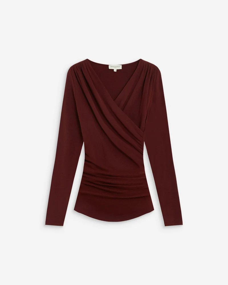 Top froncé col V croisé manches longues cherry Azul