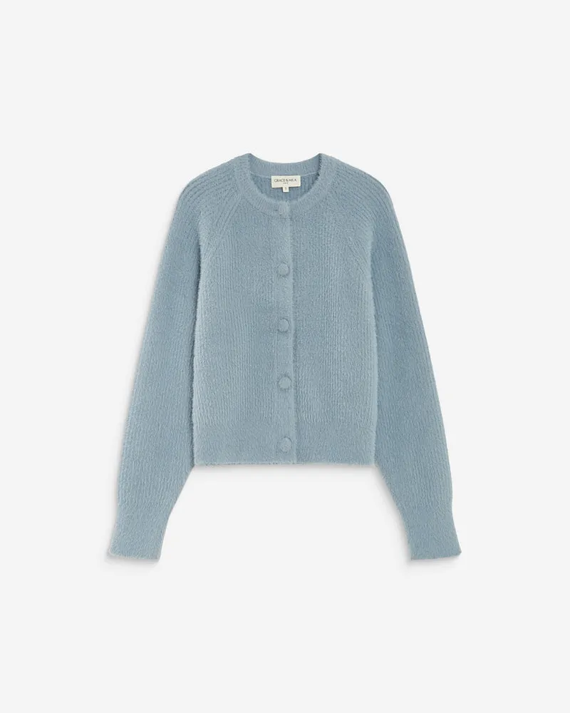 Cardigan doux col rond boutonné bleuet Aleron