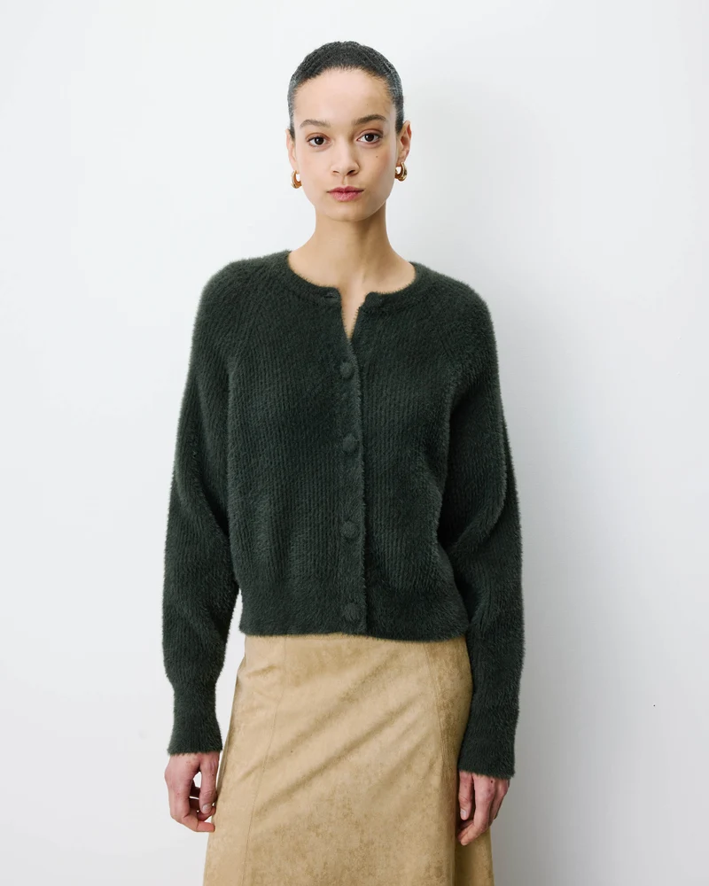 Cardigan doux col rond boutonné kaki Aleron