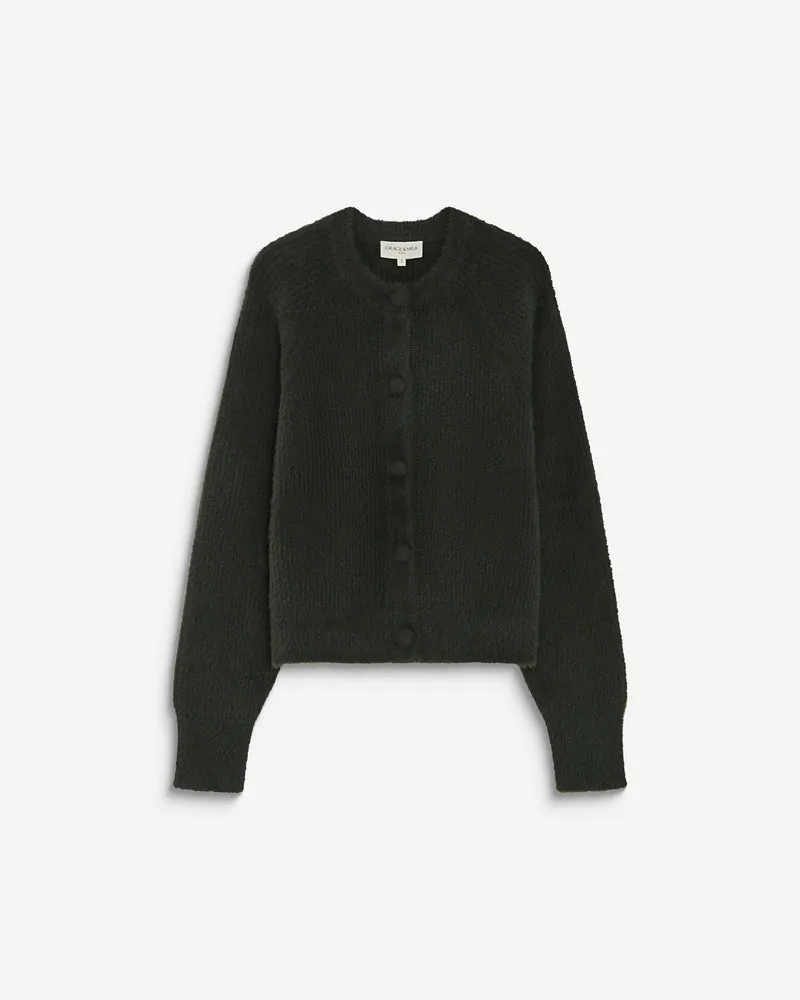 Cardigan doux col rond boutonné kaki Aleron