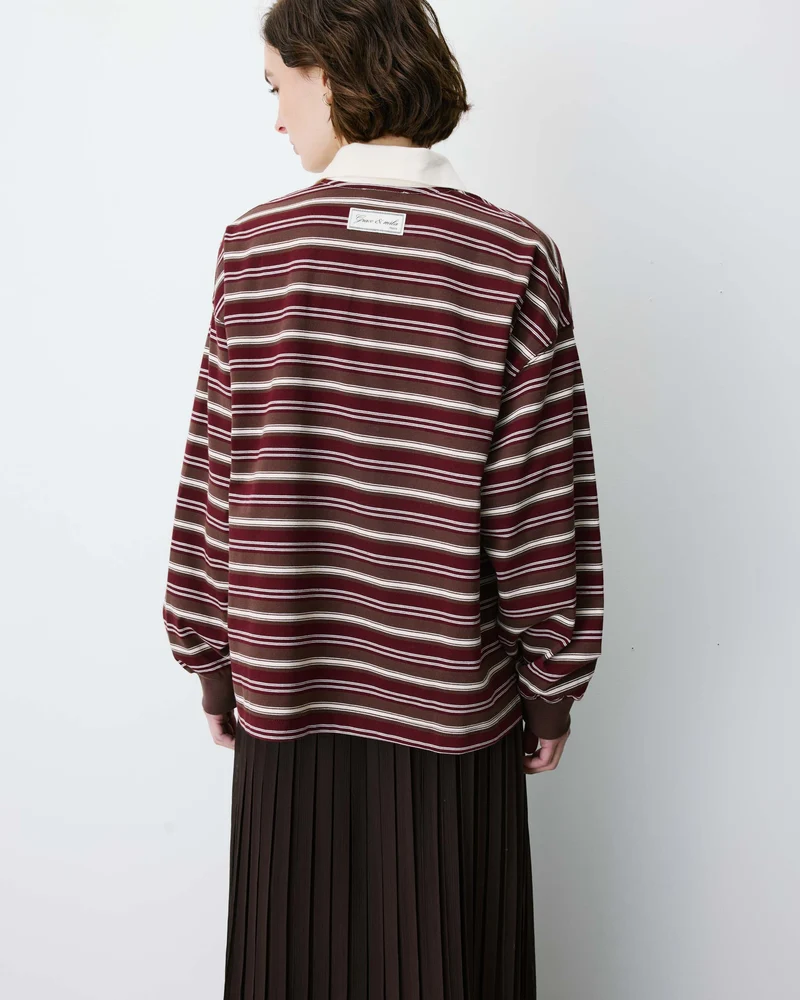 Polo rayé oversize col ouvert chocolat Aron