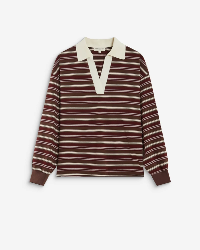Polo rayé oversize col ouvert chocolat Aron