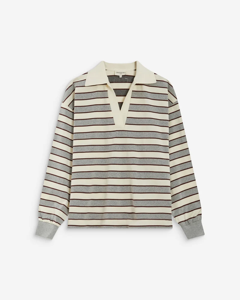 Polo rayé oversize col ouvert gris Aron