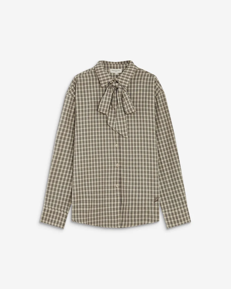 Chemise oversize col cavalier à carreaux sable Ayla