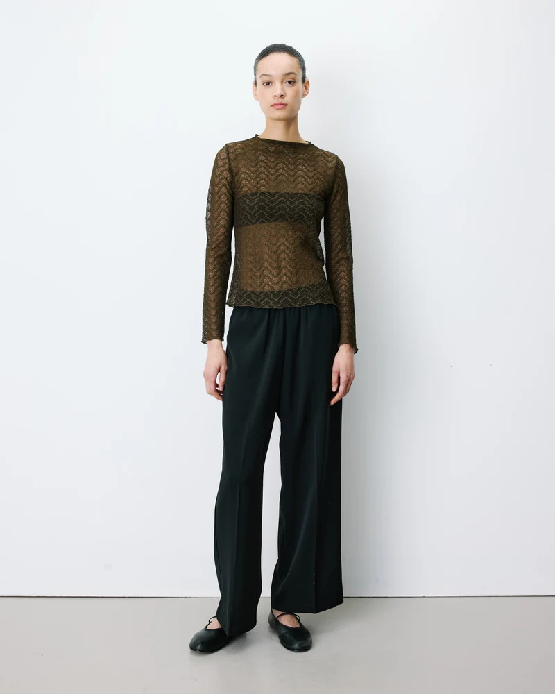 Top en dentelle transparente manches longues kaki Aube