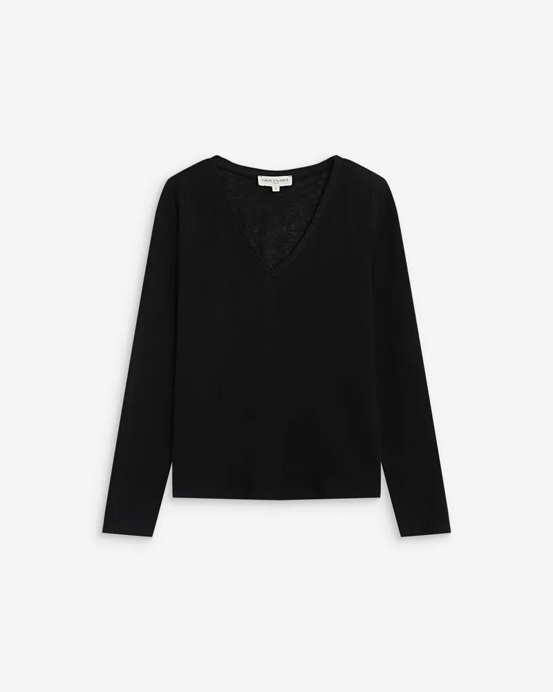 T-shirt manches longues col V noir Abricot